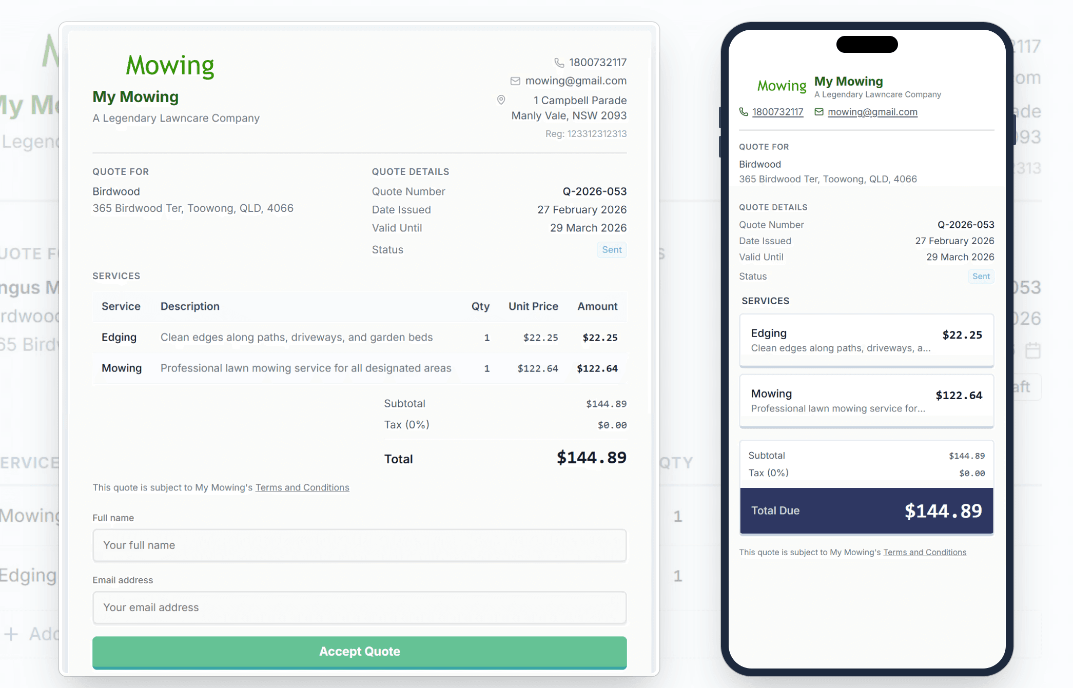Branded public quote page with logo, accent colour, line items, approval button, and mobile responsive view
