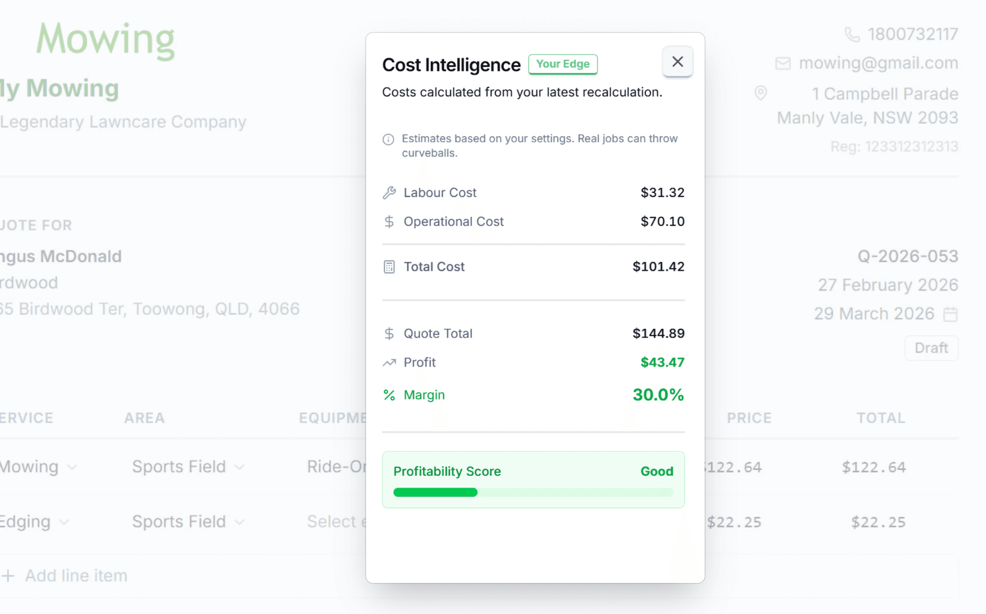GUS quote builder showing line-item cost breakdown and margin percentage
