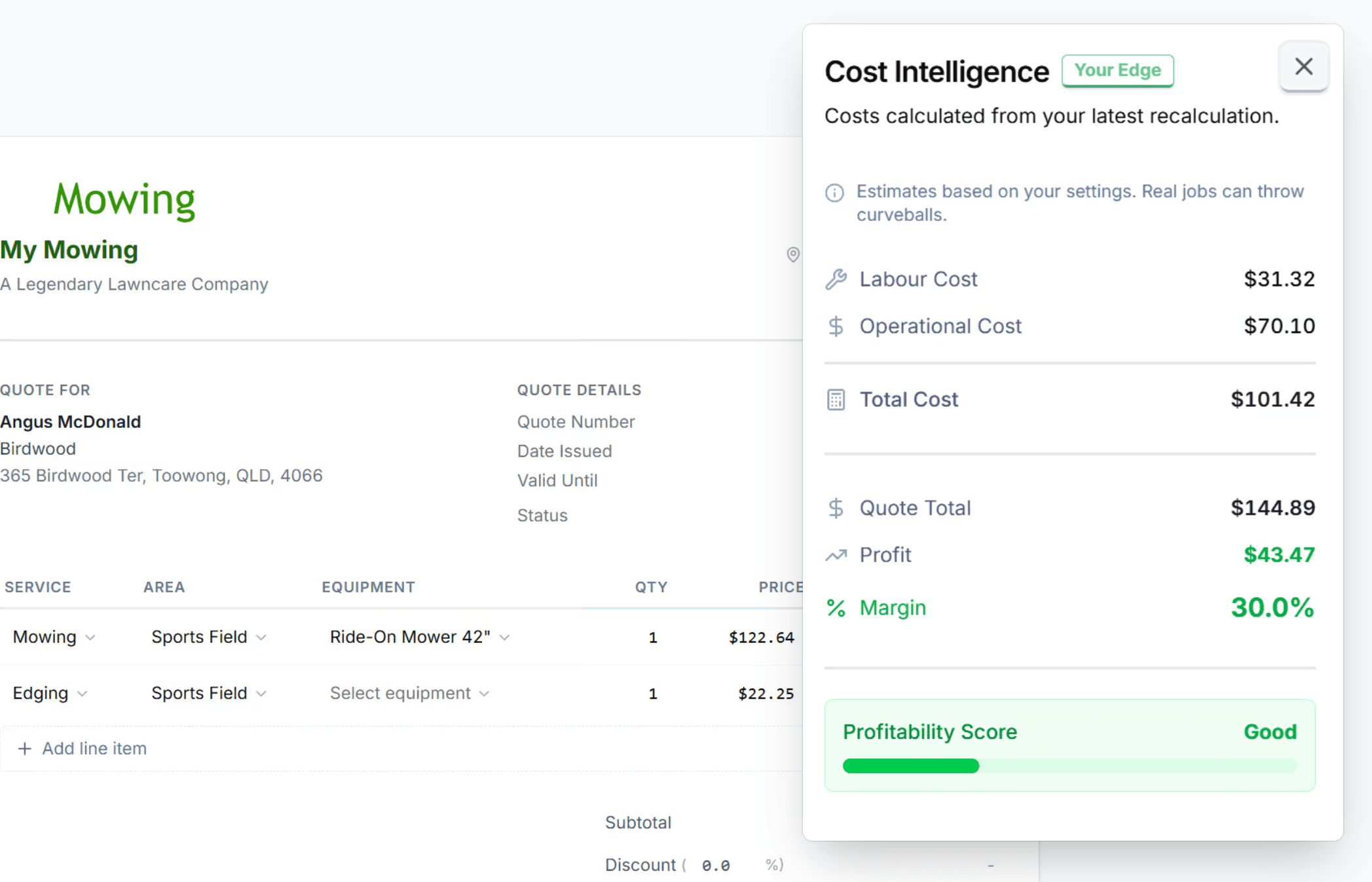 GUS quoting interface showing a lawn care estimate with cost intelligence panel