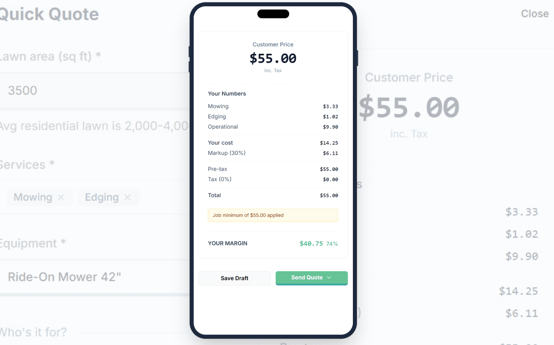 GUS quote builder showing cost breakdown and margin visibility