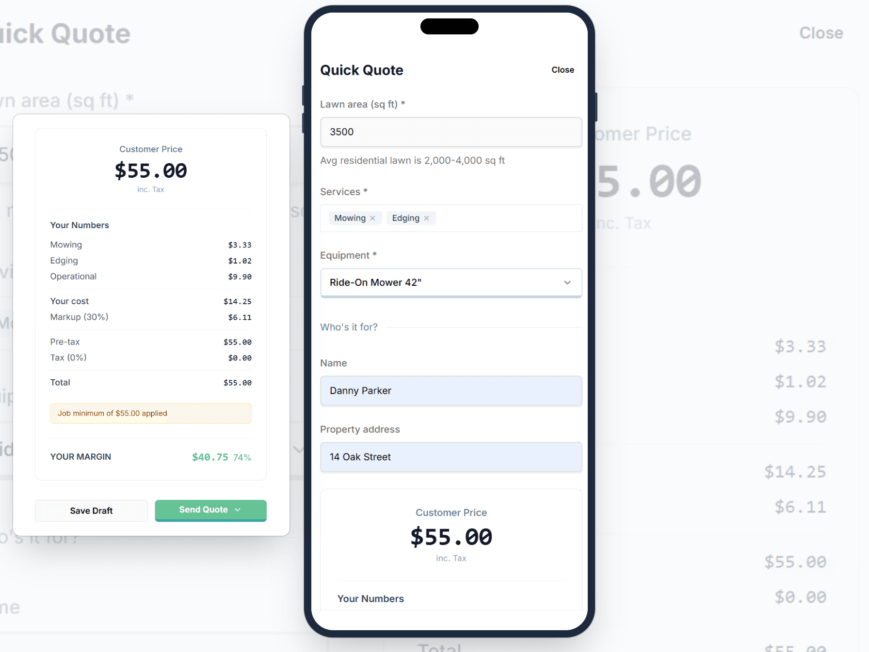 Quick quote form on a phone with price card showing cost breakdown and 74% margin