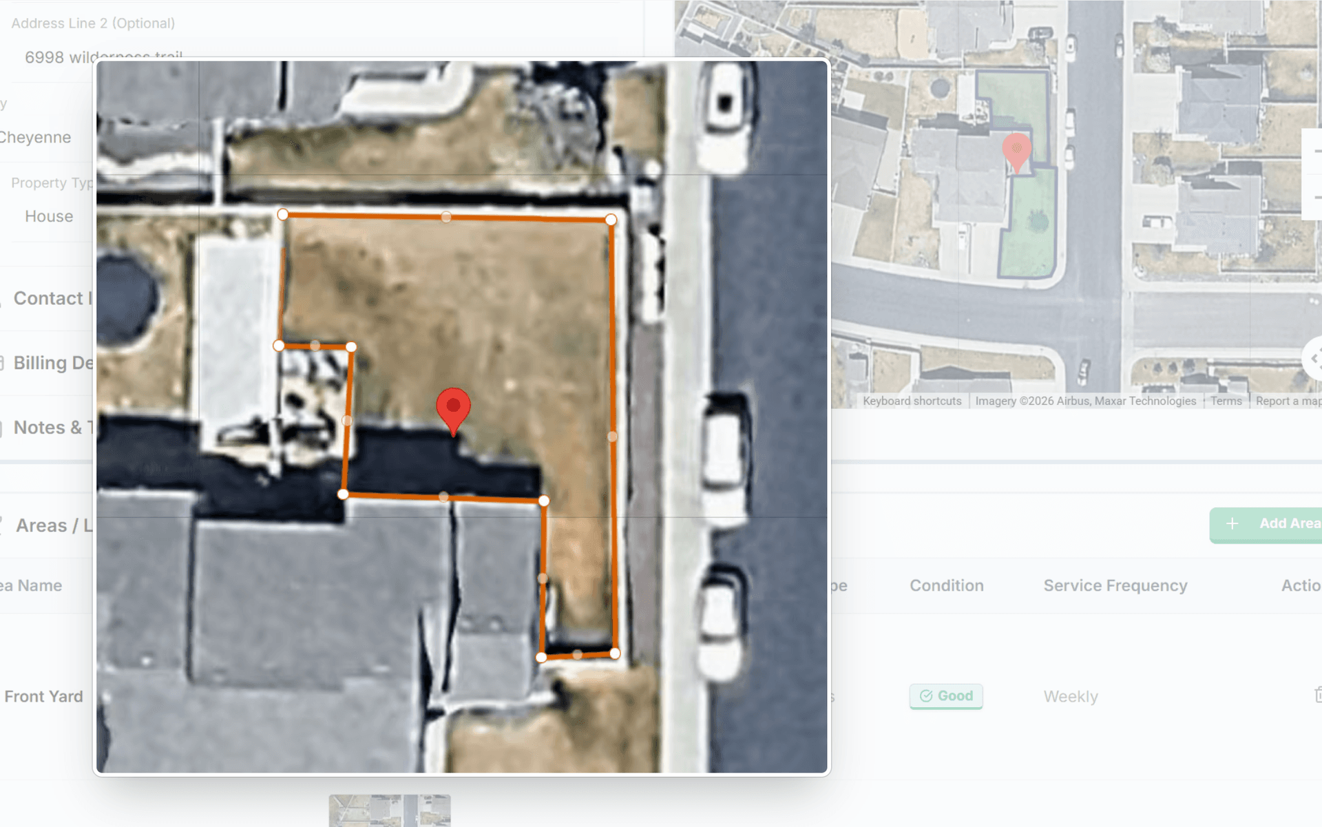 GUS satellite map view with property boundary drawn and area measurement displayed
