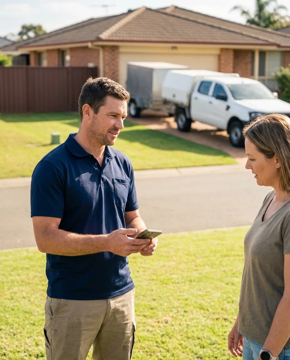 Lawn care professional confidently quoting on-site