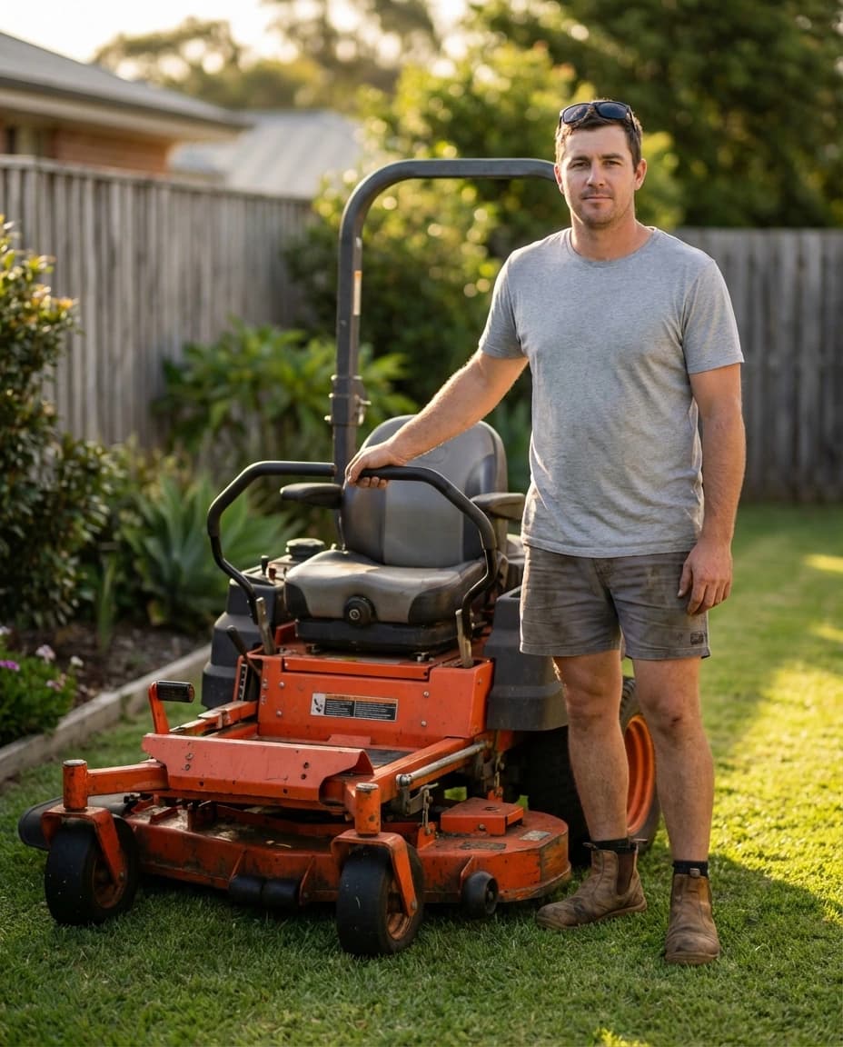 Solo lawn care operator with commercial mower
